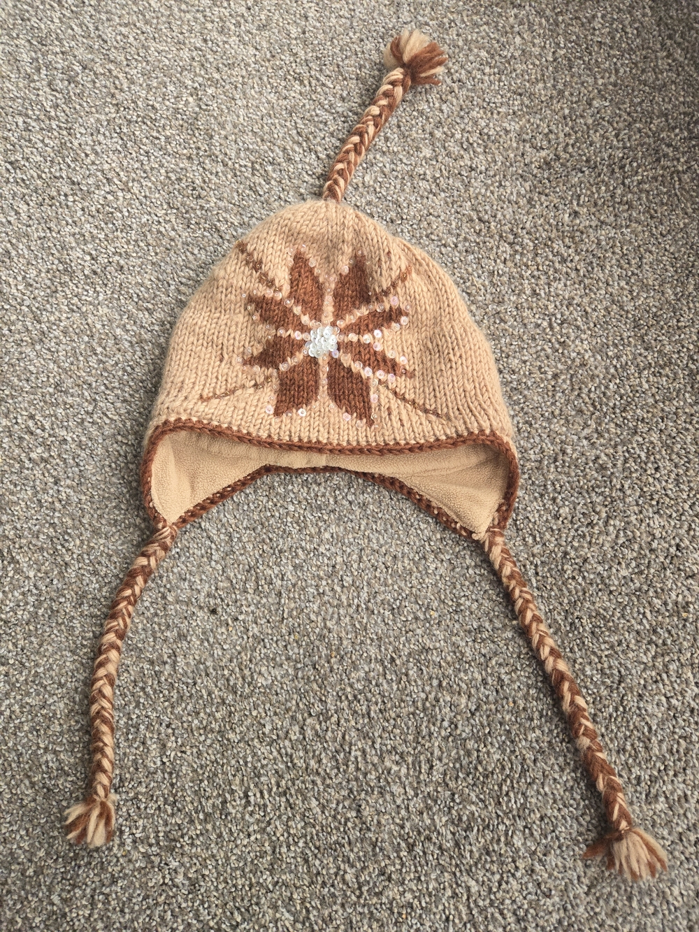 I.N.I 100% Wool Aviator Hat Floral Knit Ear Flap Lined Beige Brown